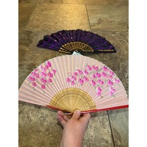 Greenbrier International Sequin Purple Hand Fan & Pink Floral Bamboo Fan Set